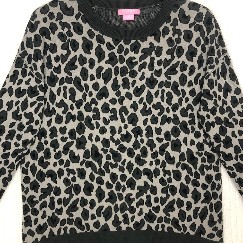 Isaac Mizrahi New York Leopard‎ Print Sweater Womens Medium Grey Black Crewneck